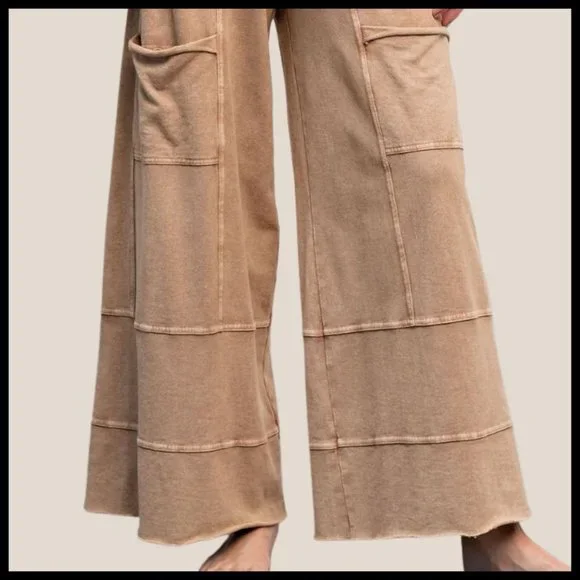 EASEL "Perfect Cargo" Terry Knit Mineral Washed Flared Leg Pants Raw Hem & Seams - Picture 11 of 15